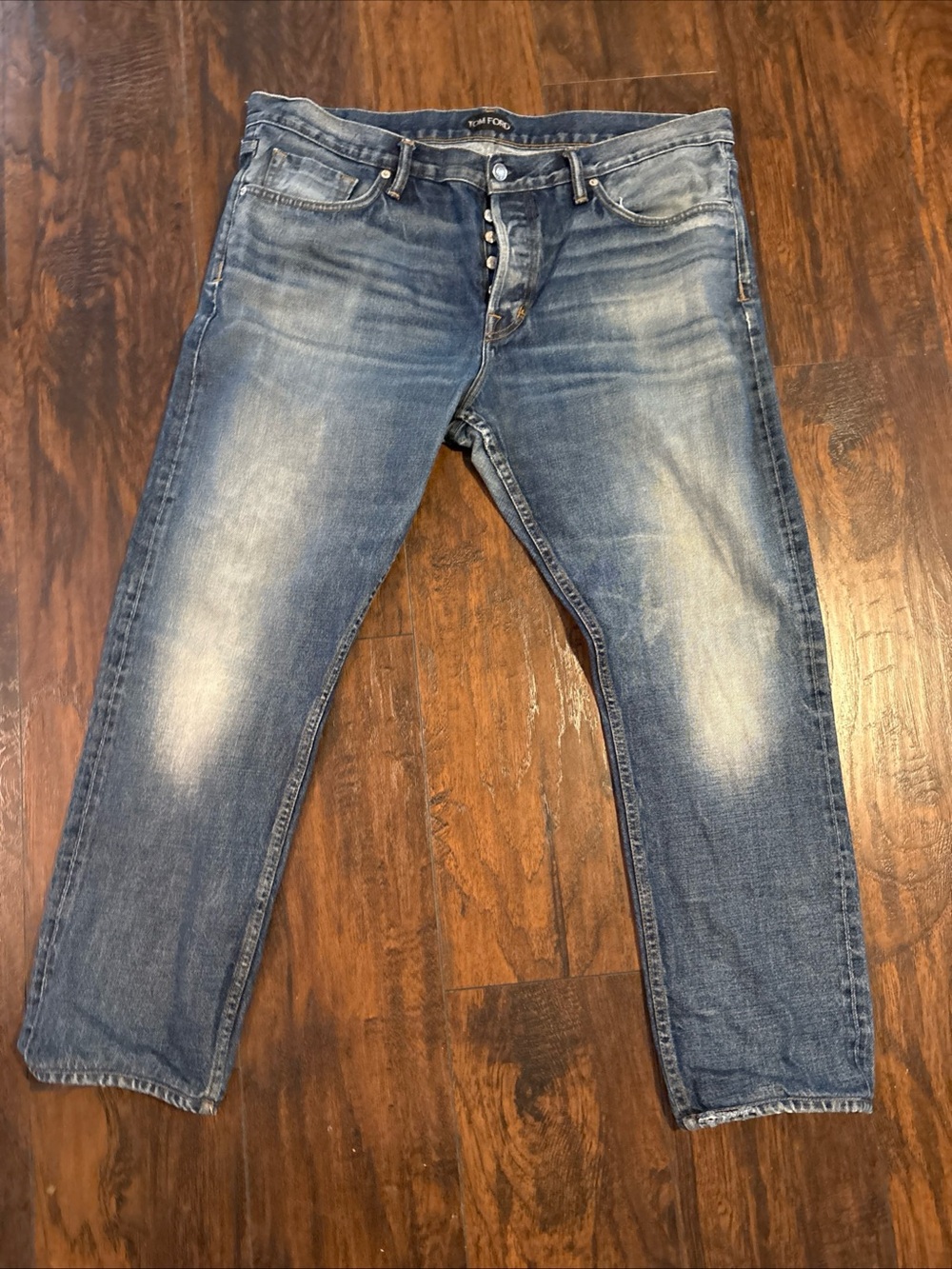 Tom Ford TFD001 button fly Men's Blue Washed Jeans - Slim Fit crotch blown out